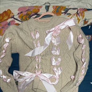 Womens Cream Cable Knit Sweater with Pink Ribbon Detail